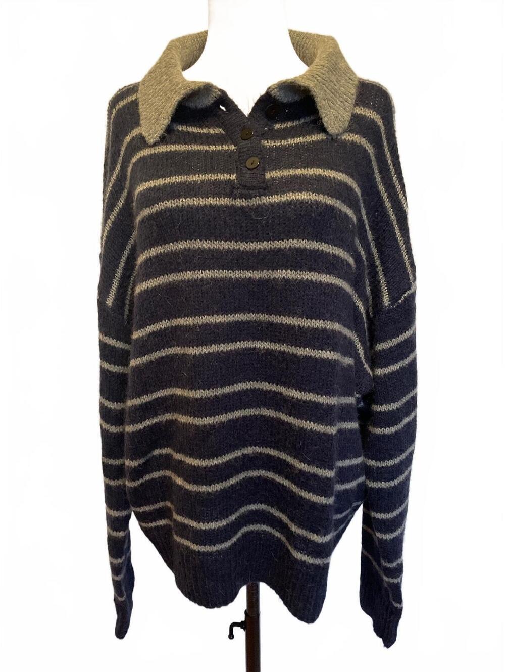 Lioness Rising Sun Navy Gray Stripe Oversized Polo Sweater S/M Grandpa Indie